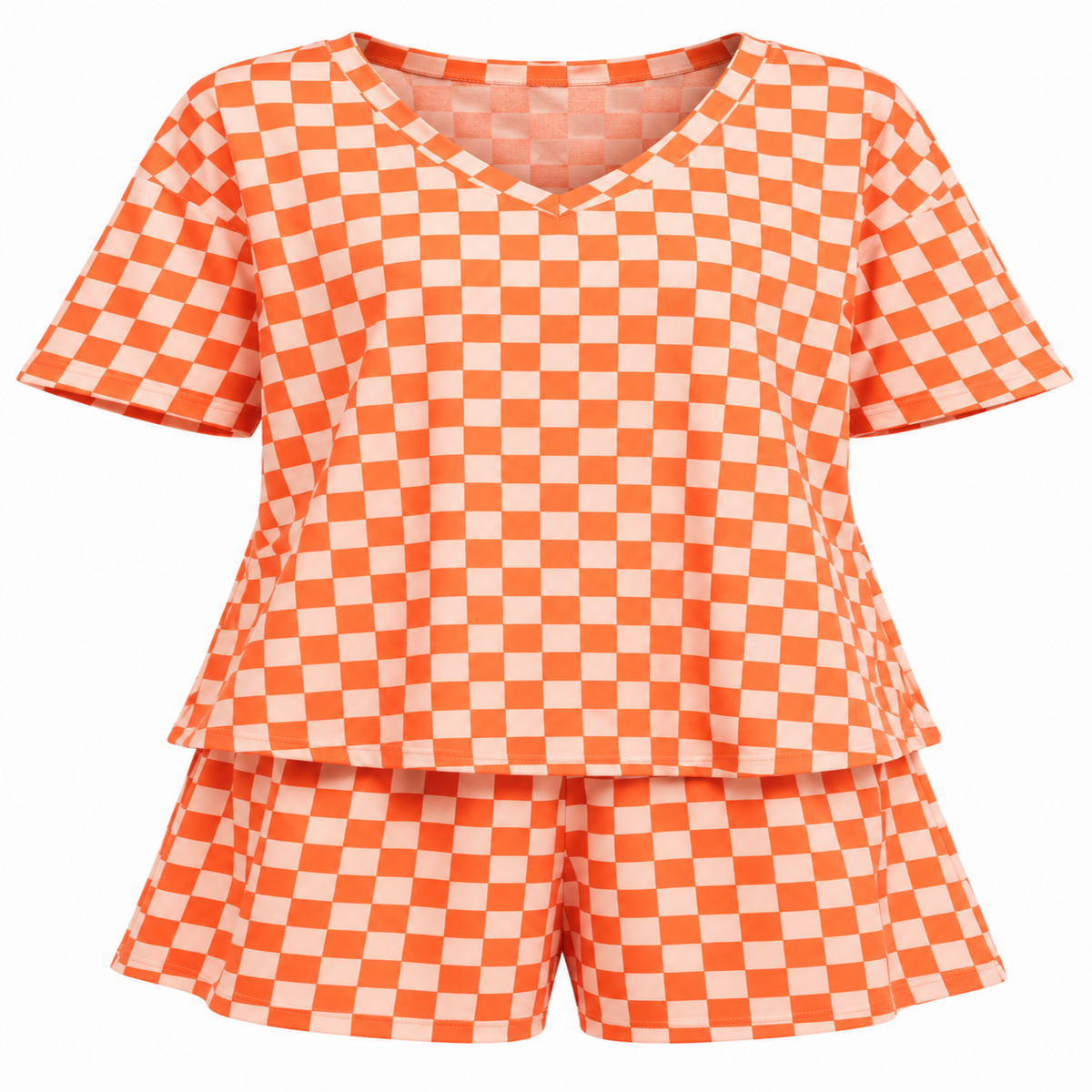 Ces Femme Checkered Round Neck Top and Shorts Set