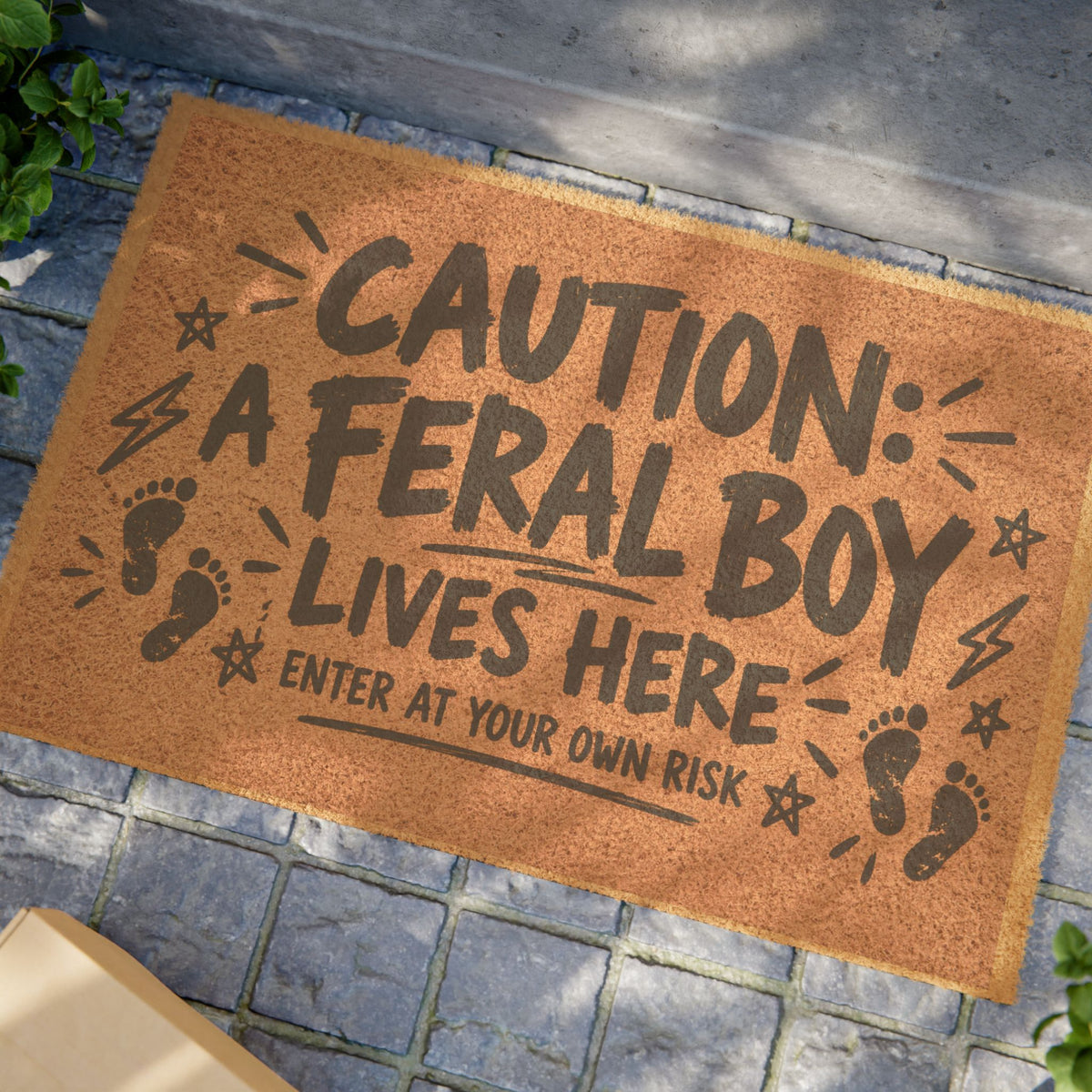 Doormat — "Caution: A Feral Boy Lives Here" Funny Welcome Mat