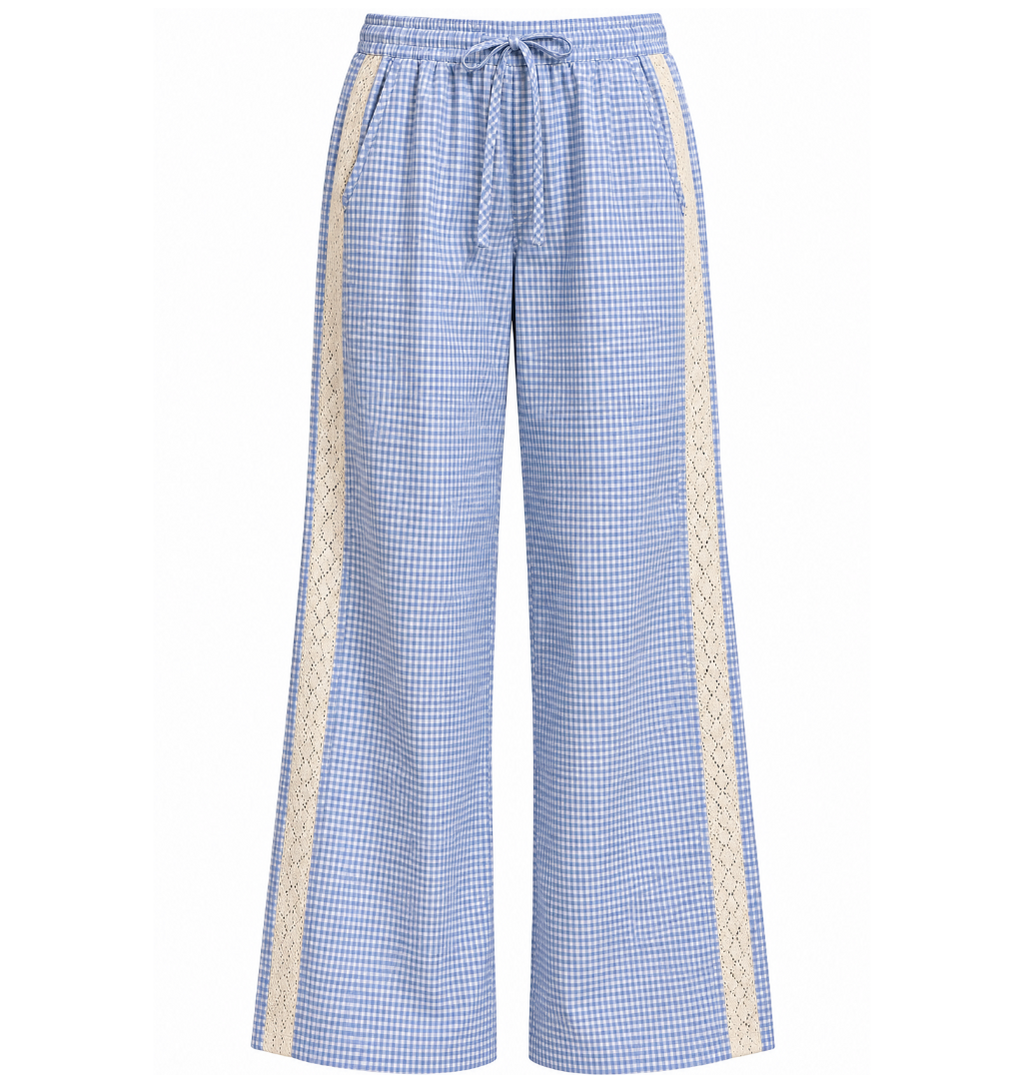 Blue Gingham Wide-Leg Pants with Lace Side Detail