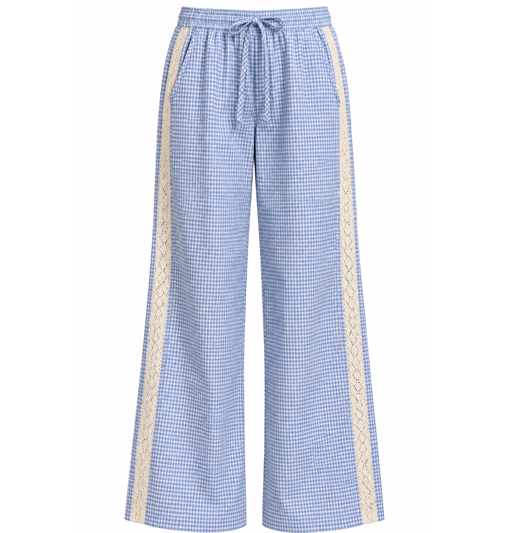 Blue Gingham Wide-Leg Pants with Lace Side Detail