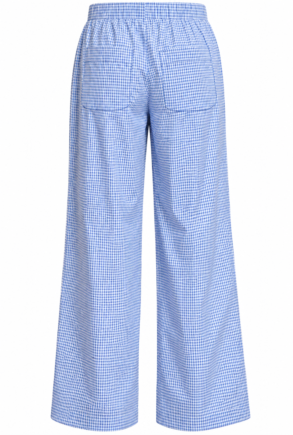 Blue Gingham Wide-Leg Pants with Lace Side Detail