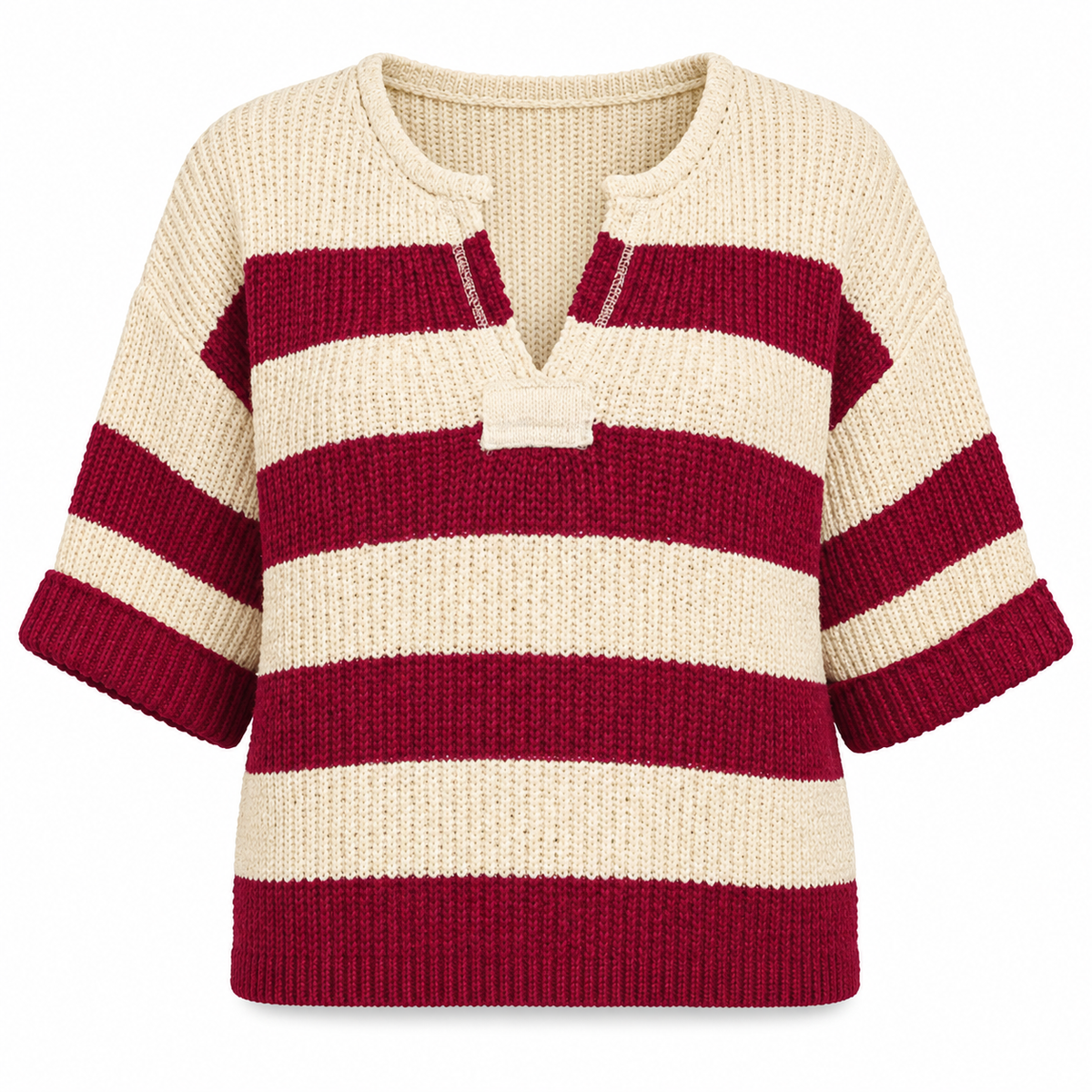Cozy Contrast Split-Neck Stripe Sweater
